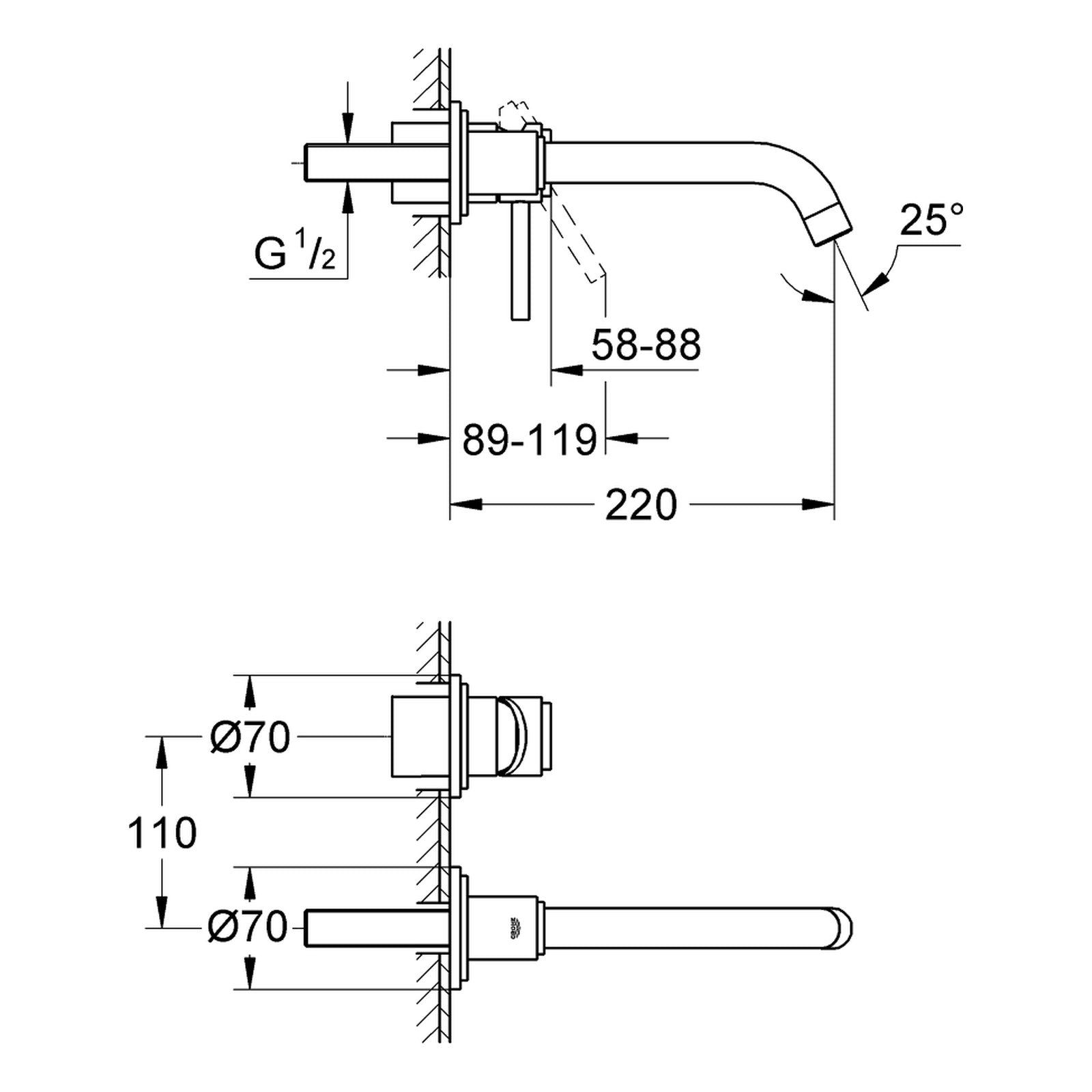Maattekening Grohe Atrio tweegats wastafelmengkraan M-Size