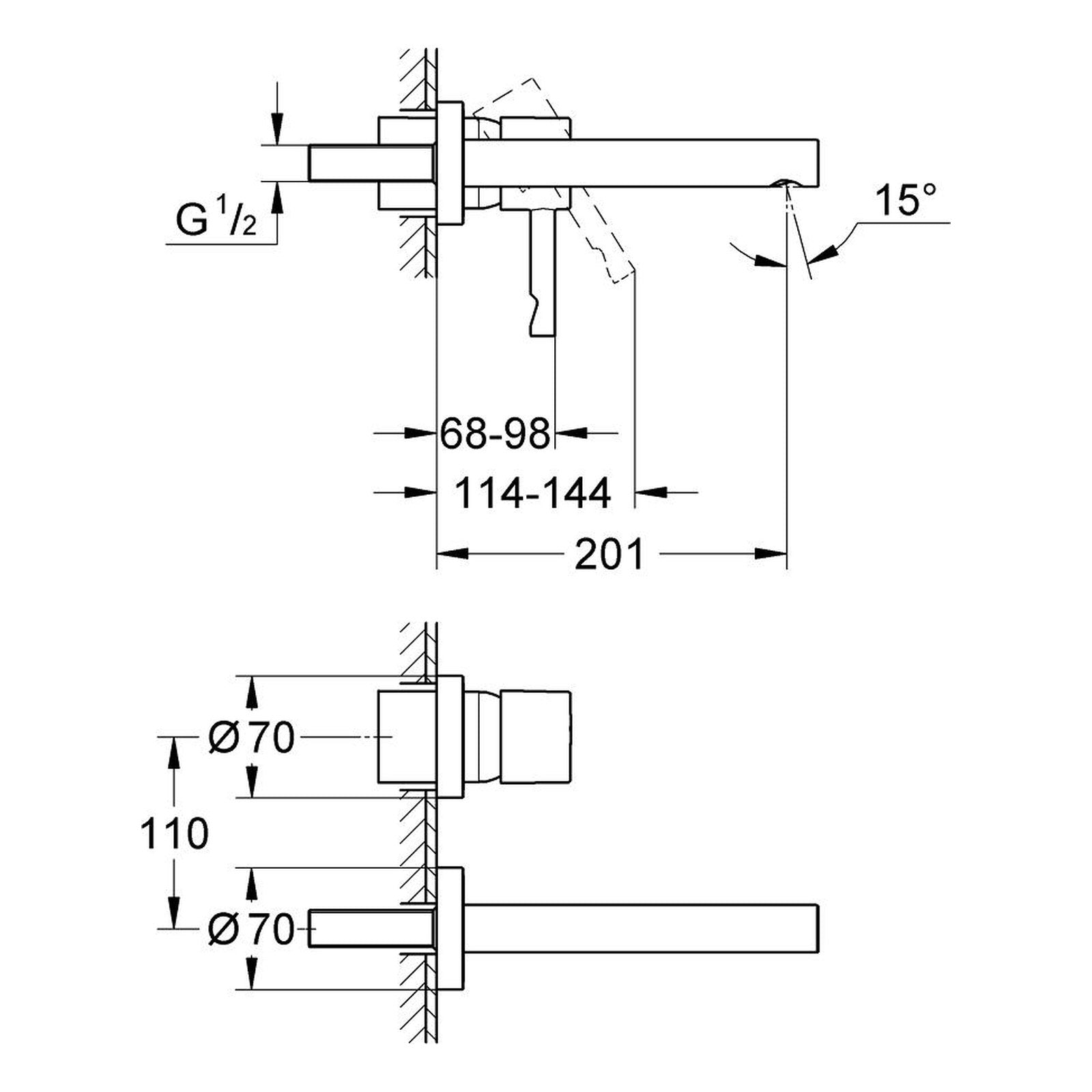 Maattekening Grohe Essence tweegats wastafelmengkraan M-Size