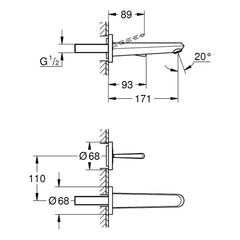 Maattekening Grohe Eurodisc Joy tweegats wastafelmengkraan M-Size