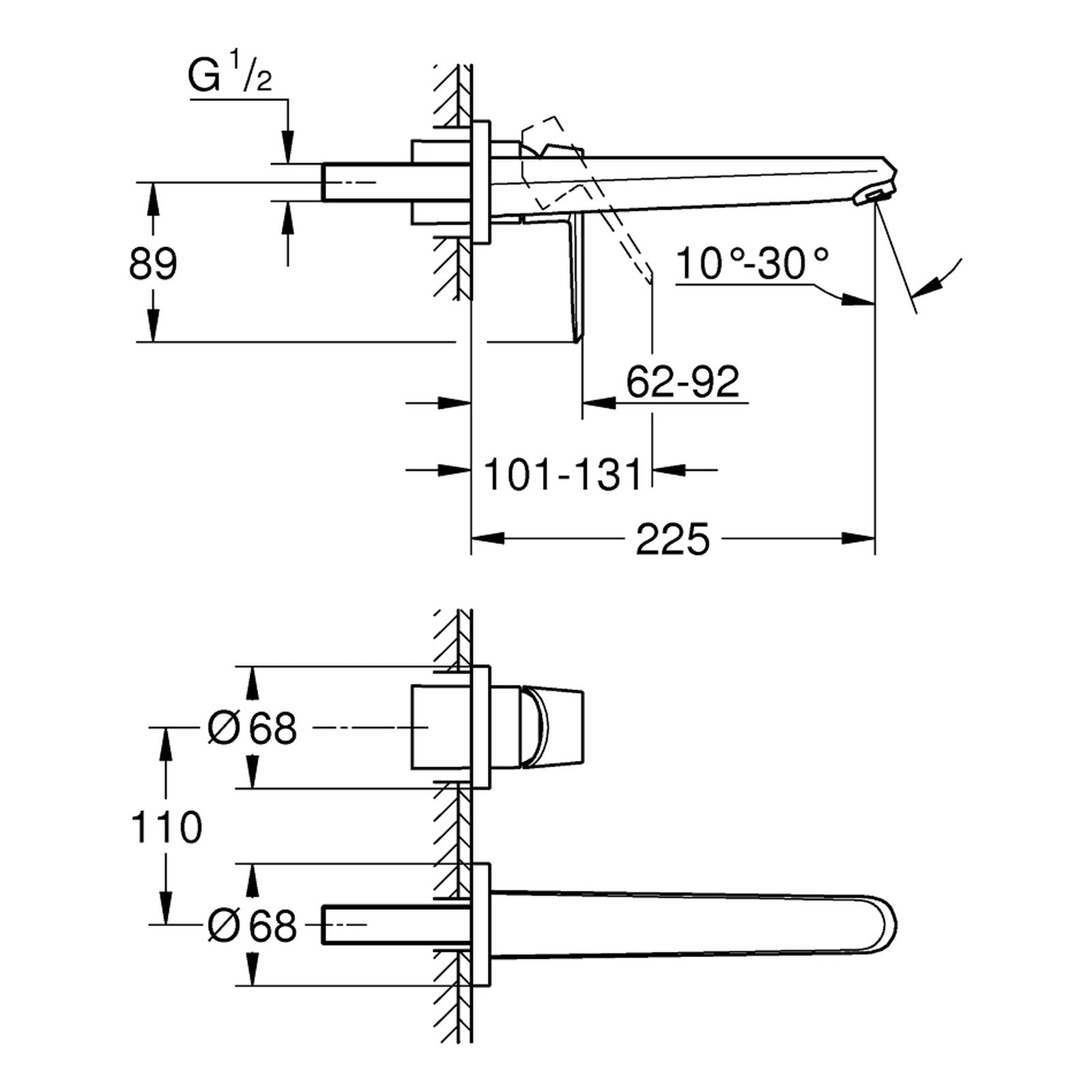 Maattekening Grohe Eurodisc Cosmopolitan 2-gats wastafelkraan L-Size