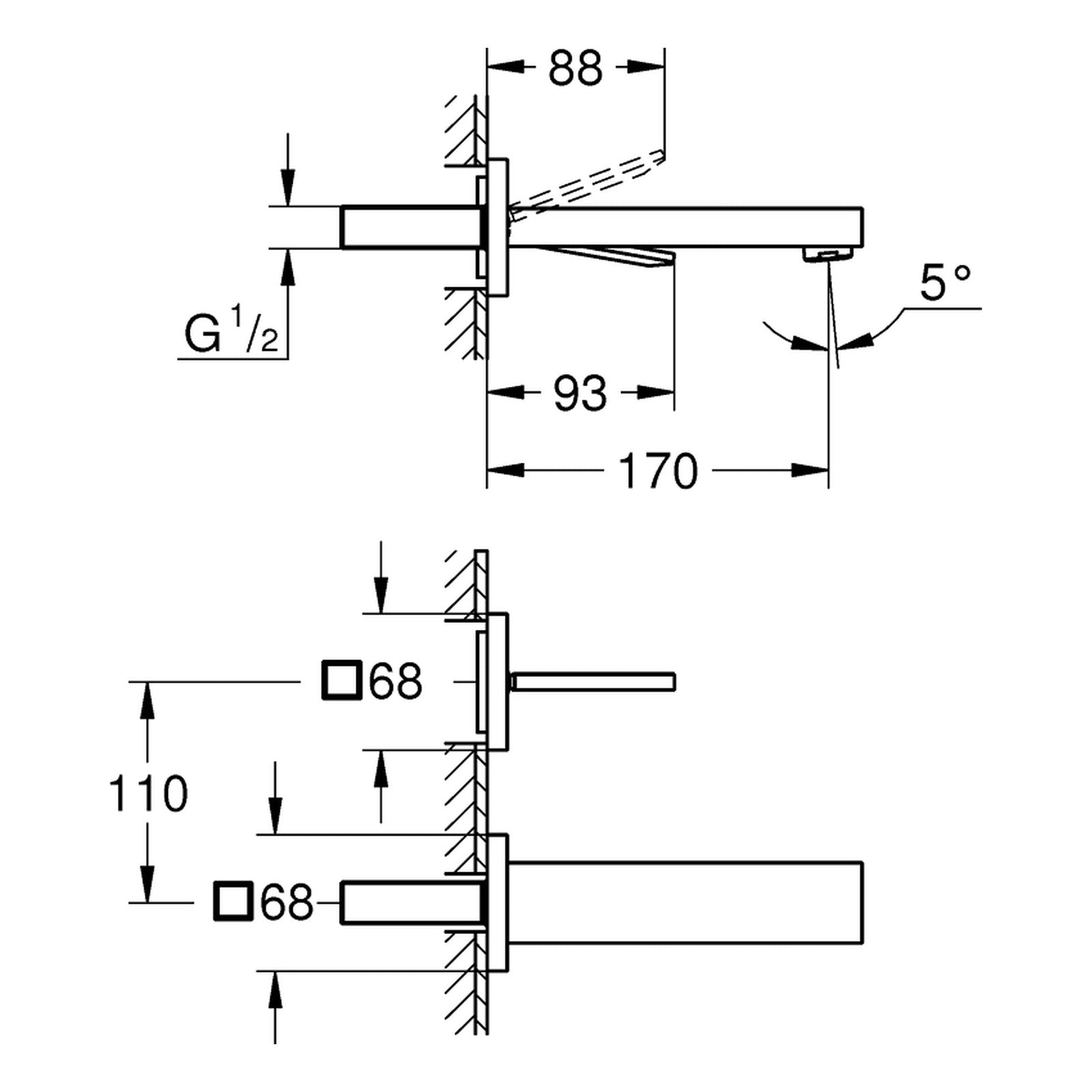Maattekening Grohe Eurocube Joy tweegats wastafelmengkraan M-Size