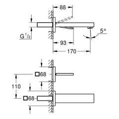 Maattekening Grohe Eurocube Joy tweegats wastafelmengkraan M-Size