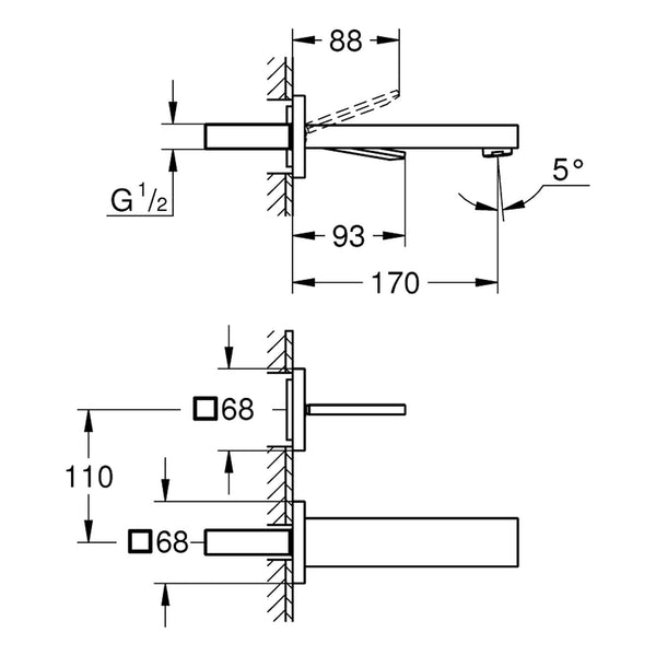 Maattekening Grohe Eurocube Joy tweegats wastafelmengkraan M-Size