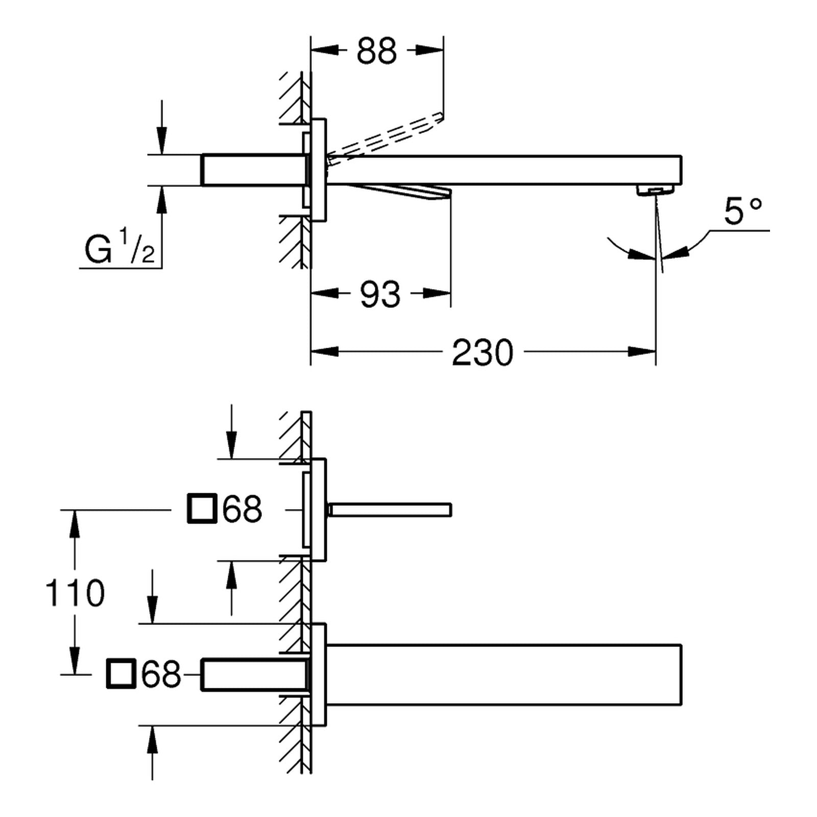 Maattekening Grohe Eurocube Joy tweegats wastafelmengkraan L-Size