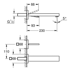Maattekening Grohe Eurocube Joy tweegats wastafelmengkraan L-Size
