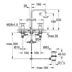 Maattekening Grohe Allure driegats wastafelmengkraan M-Size