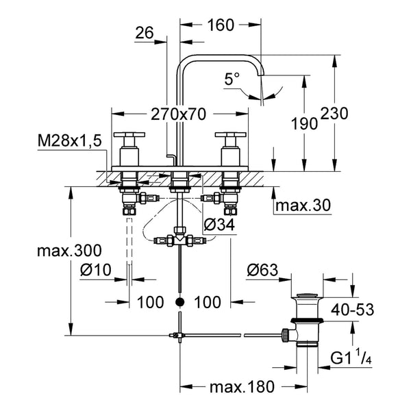 Maattekening Grohe Allure driegats wastafelmengkraan M-Size