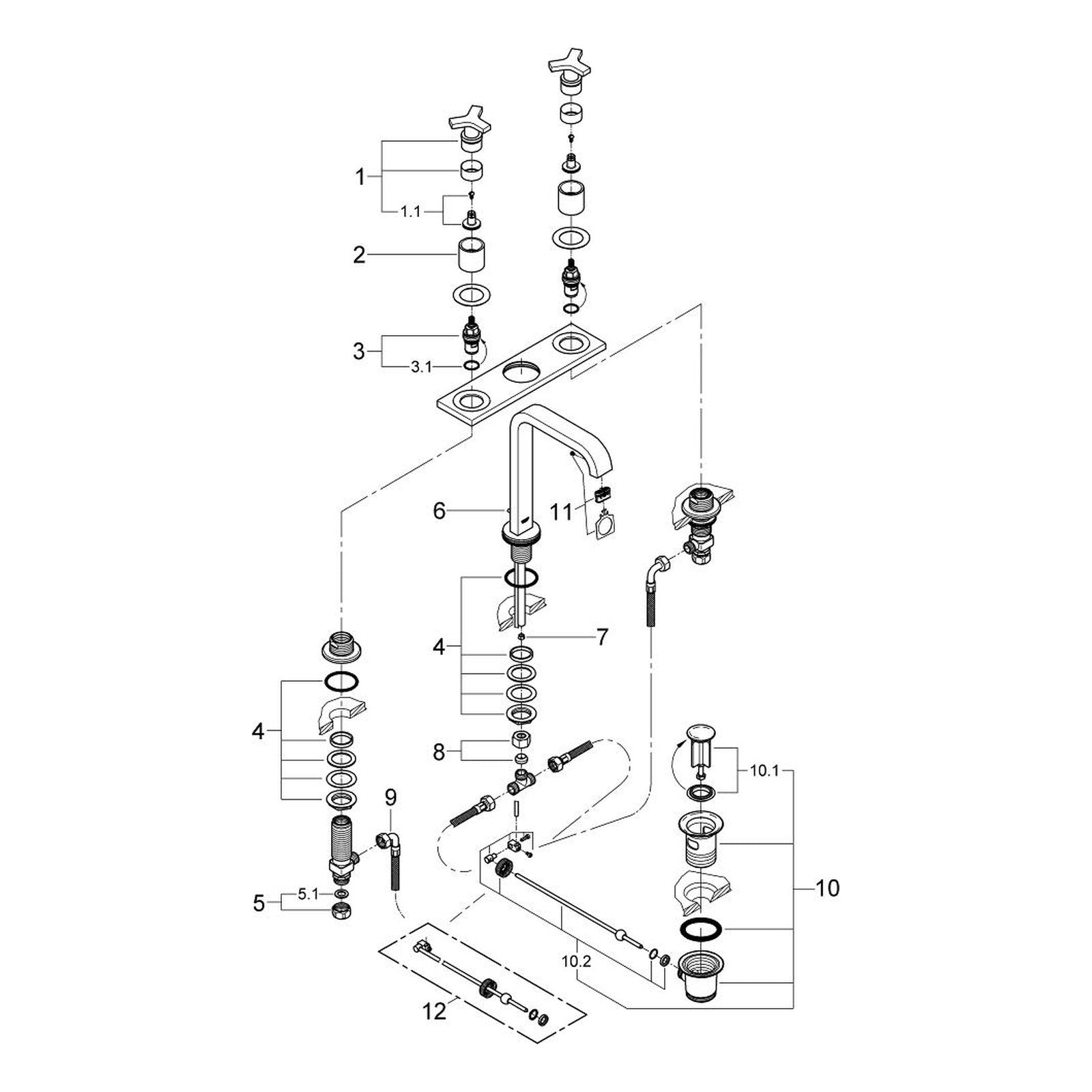 Onderdelentekening Grohe Allure driegats wastafelmengkraan M-Size