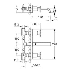 Maattekening Grohe Allure driegats wastafelmengkraan