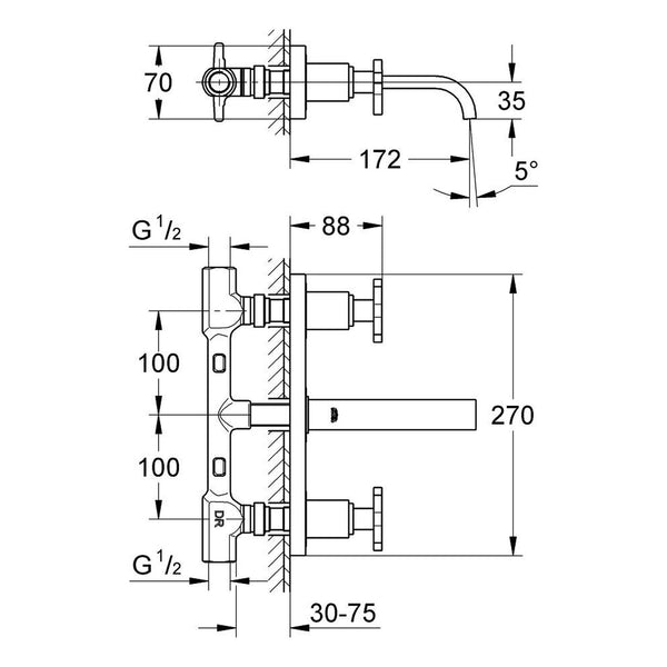 Maattekening Grohe Allure driegats wastafelmengkraan