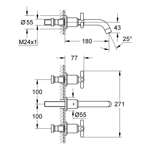 Maattekening Grohe Atrio driegats Wastafelmengkraan S-Size