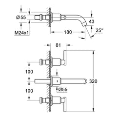 Maattekening Grohe Atrio driegats wastafelmengkraan S-Size