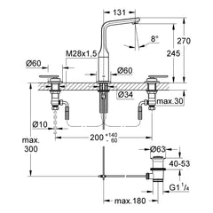 Maattekening Grohe Veris driegats wastafelmengkraan M-Size