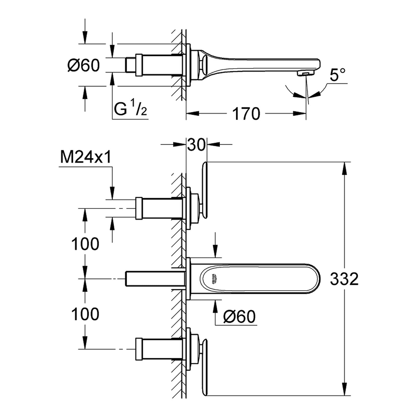 Maattekening Grohe Veris driegats wastafelmengkraan S-Size