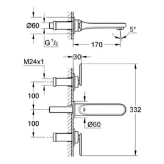 Maattekening Grohe Veris driegats wastafelmengkraan S-Size