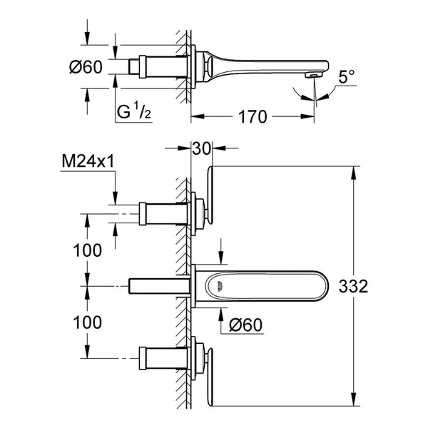 Maattekening Grohe Veris driegats wastafelmengkraan S-Size