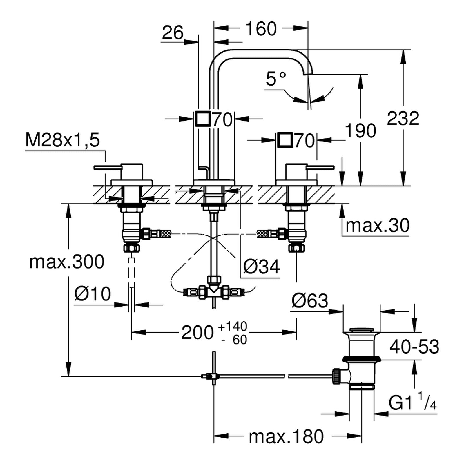 Maattekening Grohe Allure driegats wastafelmengkraan M-Size