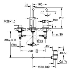 Maattekening Grohe Allure driegats wastafelmengkraan M-Size