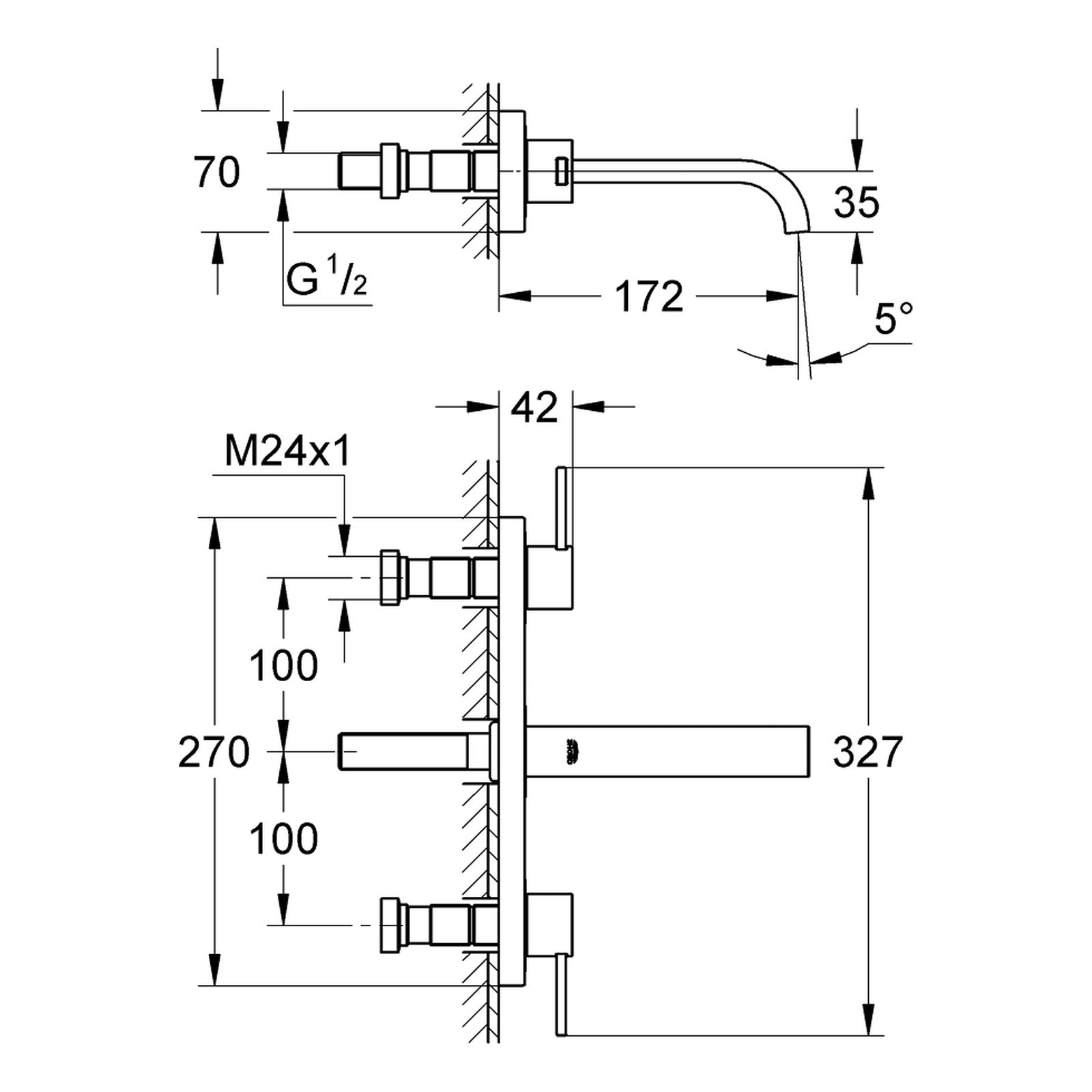 Maattekening Grohe Allure driegats wastafelmengkraan S-Size