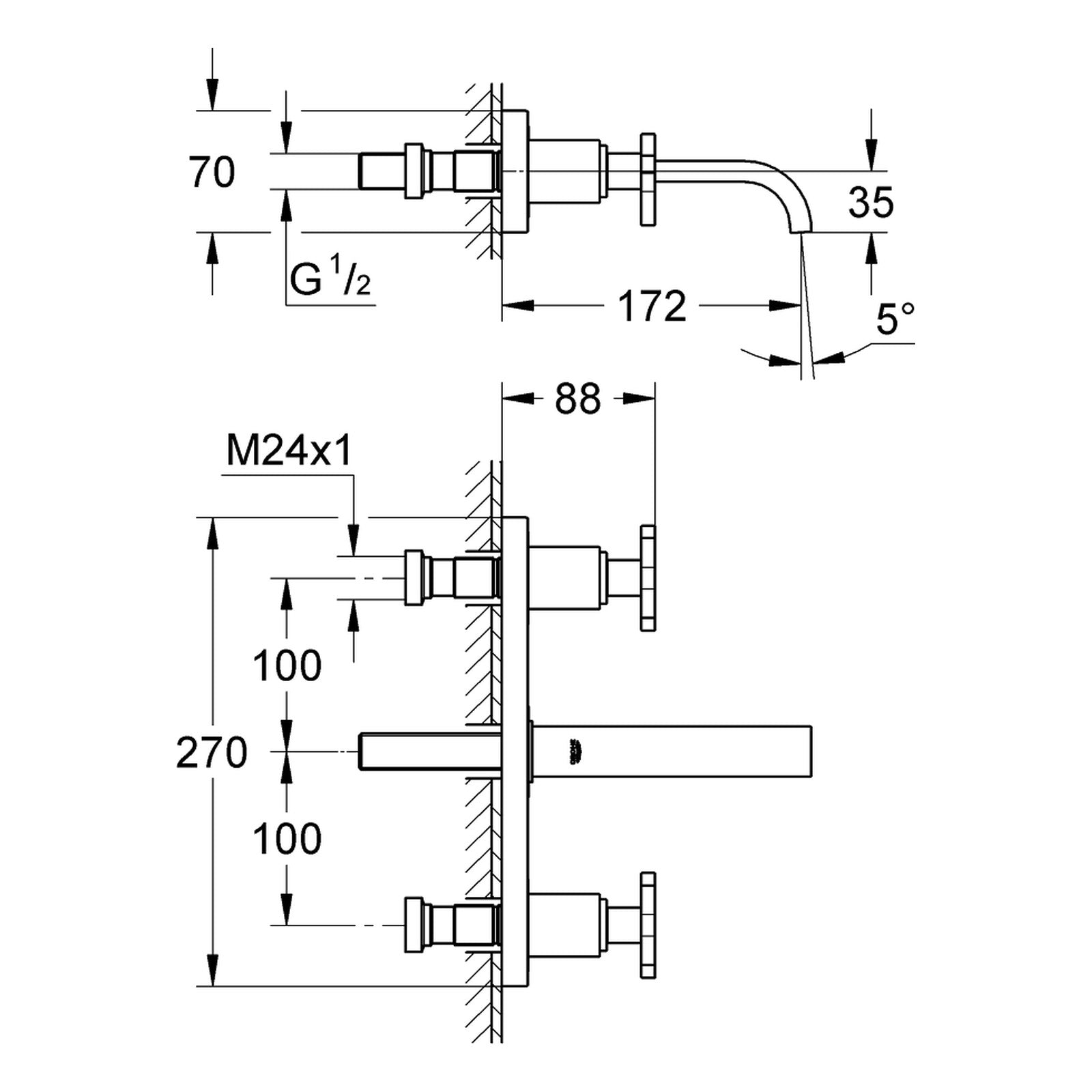 Maattekening Grohe Allure driegats wastafelmengkraan S-Size