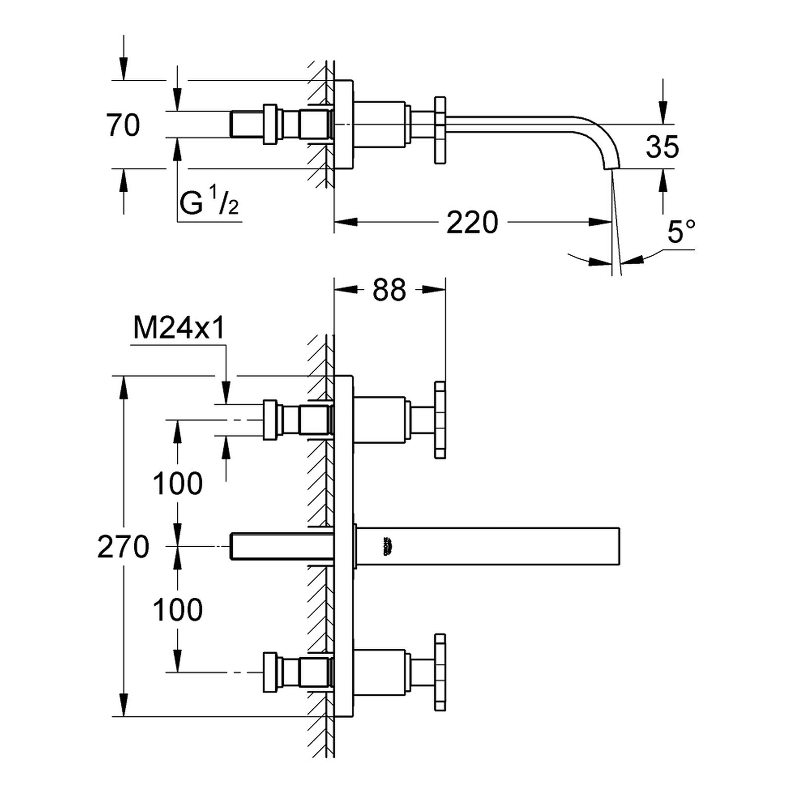 Maattekening Grohe Allure driegats wastafelmengkraan M-Size