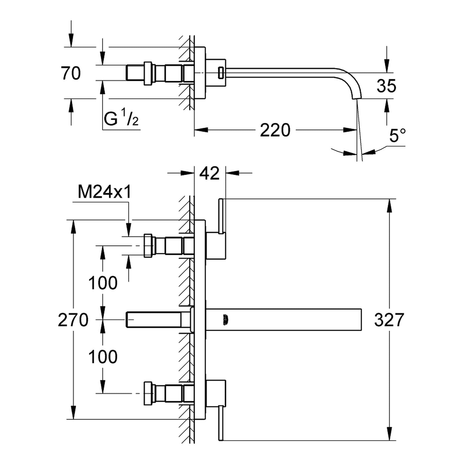 Maattekening Grohe Allure driegats wastafelmengkraan M-Size