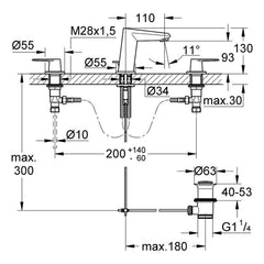 Maattekening Grohe Eurodisc Cosmopolitan driegats wastafelmengkraan S-Size