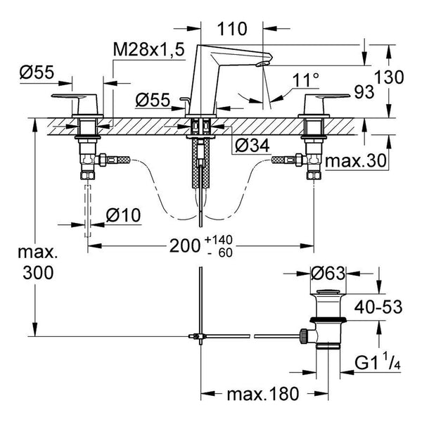Maattekening Grohe Eurodisc Cosmopolitan driegats wastafelmengkraan S-Size