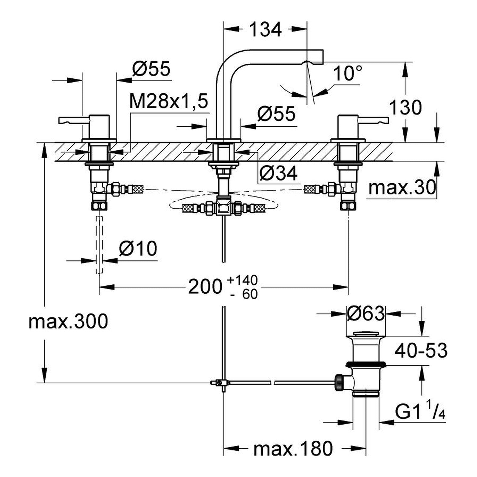 Maattekening Grohe Essence driegats wastafelmengkraan S-Size
