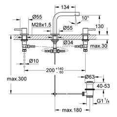 Maattekening Grohe Essence driegats wastafelmengkraan S-Size