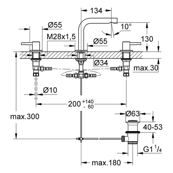 Maattekening Grohe Essence driegats wastafelmengkraan S-Size