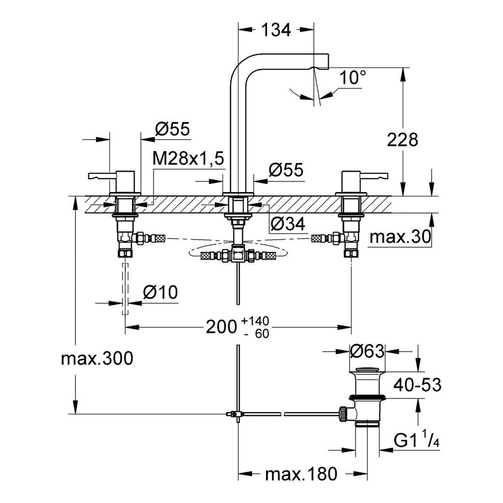 Maattekening Grohe Essence driegats wastafelmengkraan M-Size