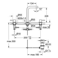 Maattekening Grohe Essence driegats wastafelmengkraan M-Size