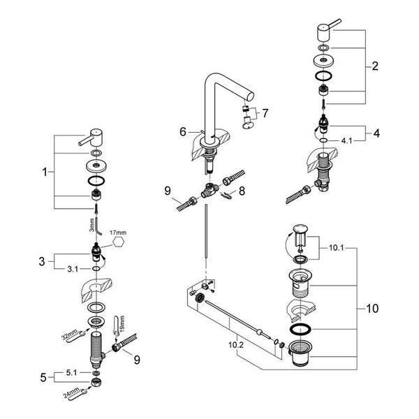 Onderdelentekening Grohe Essence driegats wastafelmengkraan M-Size