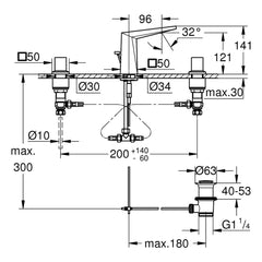 Maattekening Grohe Allure Brilliant driegats wastafelmengkraan S-Size
