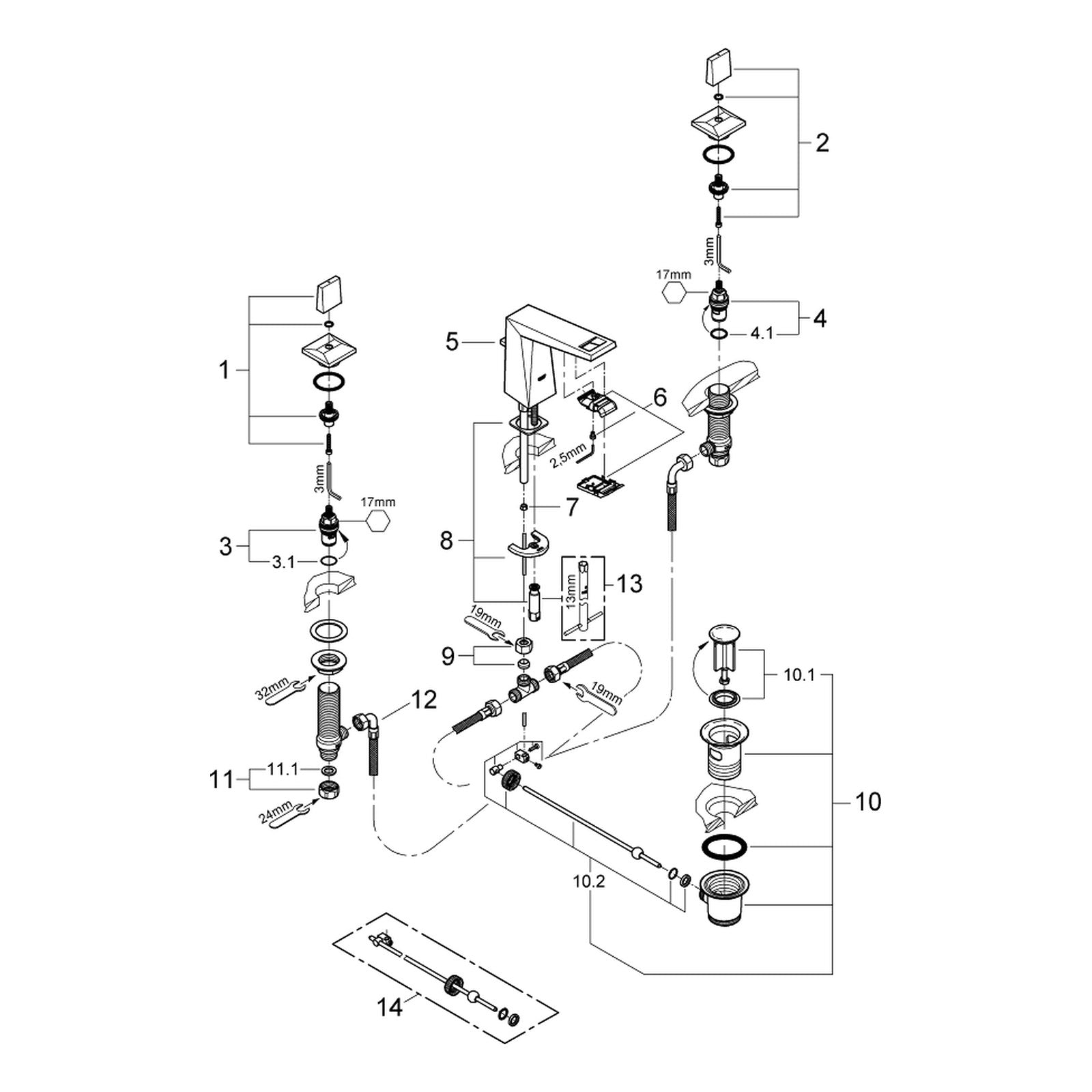 Onderdelentekening Grohe Allure Brilliant driegats wastafelmengkraan S-Size