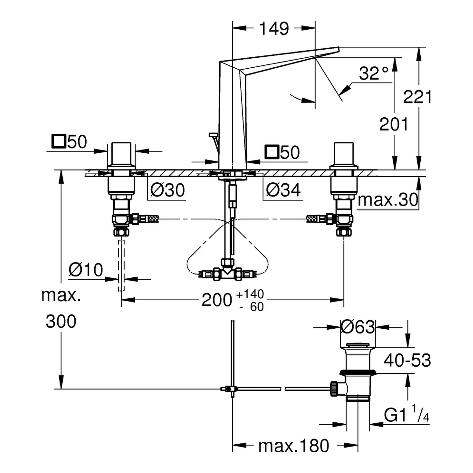 Maattekening Grohe Allure Brilliant driegats wastafelmengkraan M-Size
