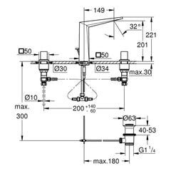 Maattekening Grohe Allure Brilliant driegats wastafelmengkraan M-Size
