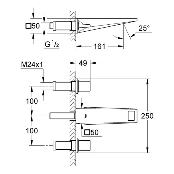 Maattekening Grohe Allure Brilliant driegats wastafelmengkraan S-Size