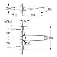 Maattekening Grohe Allure Brilliant driegats wastafelmengkraan M-Size