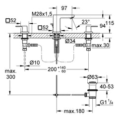 Maattekening Grohe Eurocube driegats wastafelmengkraan S-Size