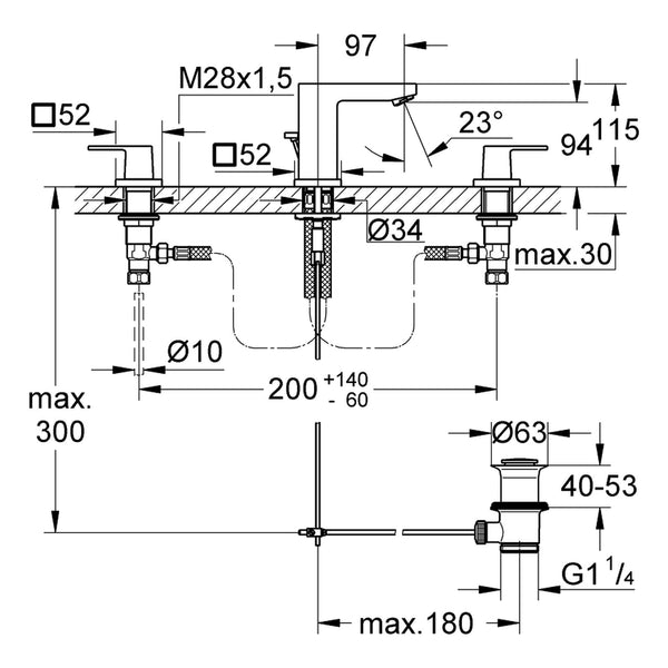 Maattekening Grohe Eurocube driegats wastafelmengkraan S-Size