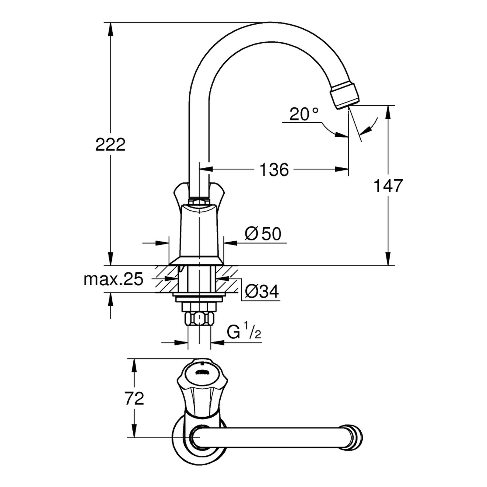 Maattekening Grohe Costa L toiletkraan