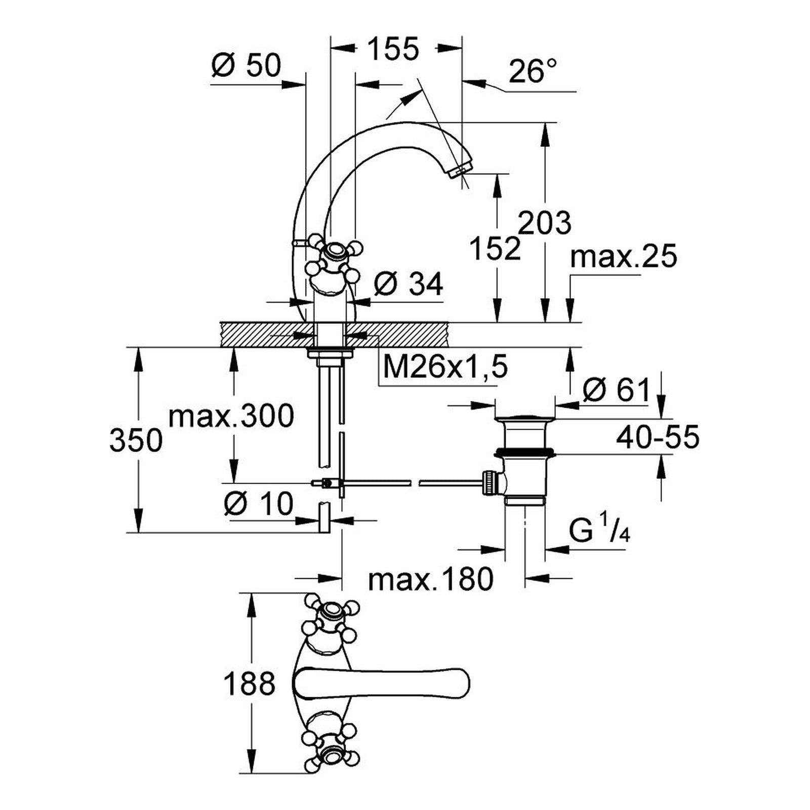 Maattekening Grohe Sinfonia wastafelmengkraan