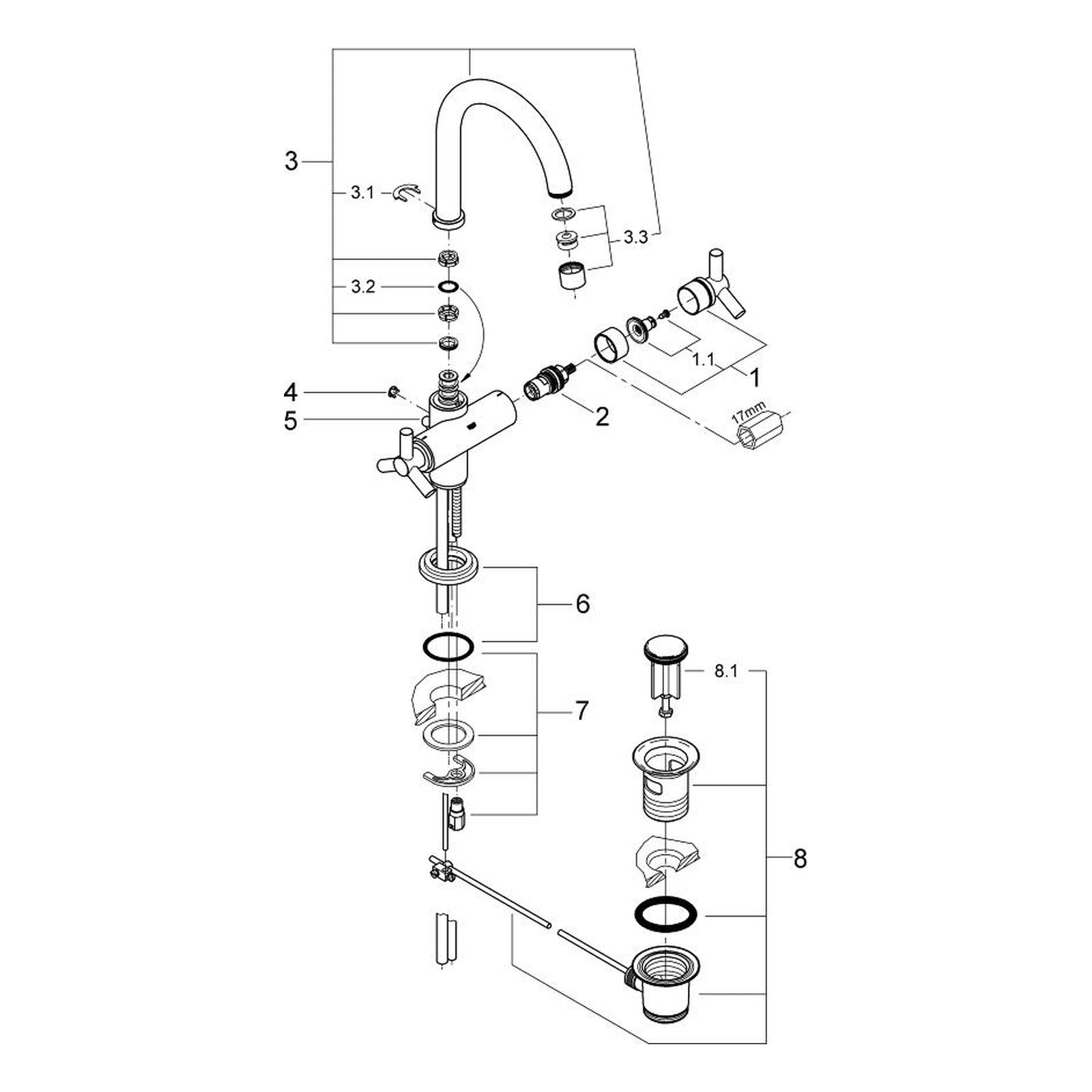Onderdelentekening Grohe Atrio wastafelmengkraan L-Size 2001–2007