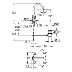 Maattekening Grohe Atrio wastafelmengkraan L-Size