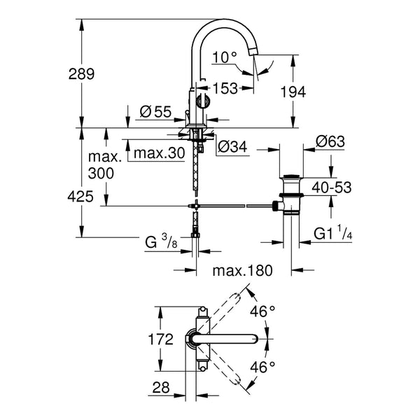 Maattekening Grohe Atrio wastafelmengkraan L-Size