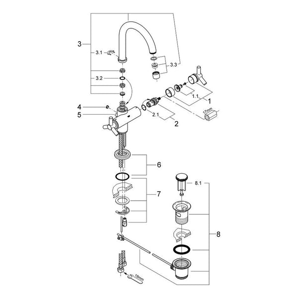 Onderdelentekening Grohe Atrio wastafelmengkraan