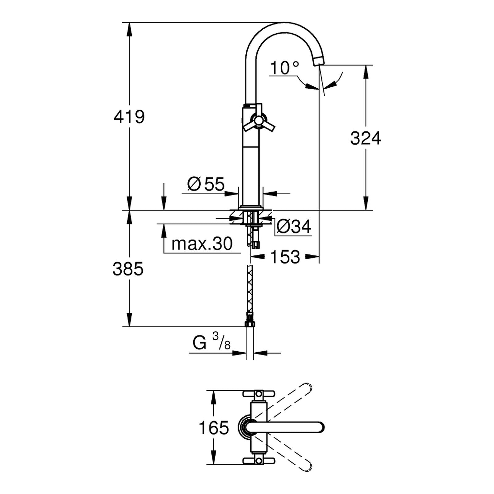 Maattekening Grohe Atrio wastafelmengkraan XL-Size