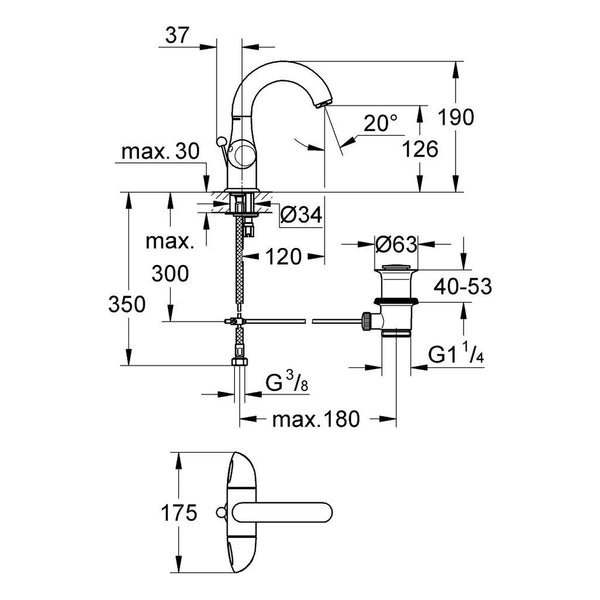 Maattekening Grohe Aria wastafelmengkraan